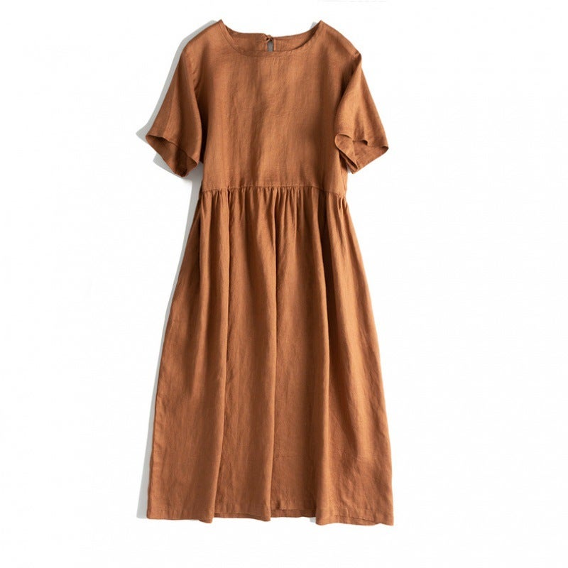 2023 Summer Simple Cotton And Linen Dress Artistic Round Neck Half Sleeve Belt Large Swing Dress - Image 1