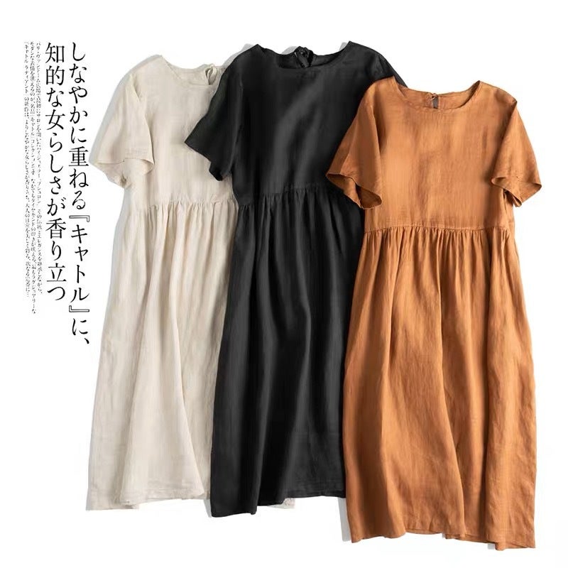 2023 Summer Simple Cotton And Linen Dress Artistic Round Neck Half Sleeve Belt Large Swing Dress - Image 2