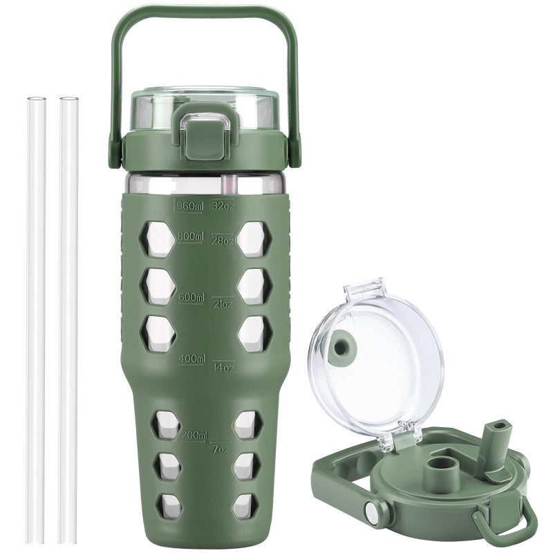 MUKOKO 32 oz Glass Tumbler with Straw,Glass Water Bottles with Time Marker,Iced Coffee Cup with Silicone Sleeve,Motivational Drinking Bottles,Leakproof-Olive - Image 1