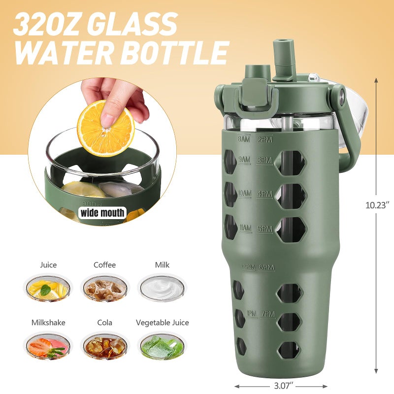 MUKOKO 32 oz Glass Tumbler with Straw,Glass Water Bottles with Time Marker,Iced Coffee Cup with Silicone Sleeve,Motivational Drinking Bottles,Leakproof-Olive - Image 3