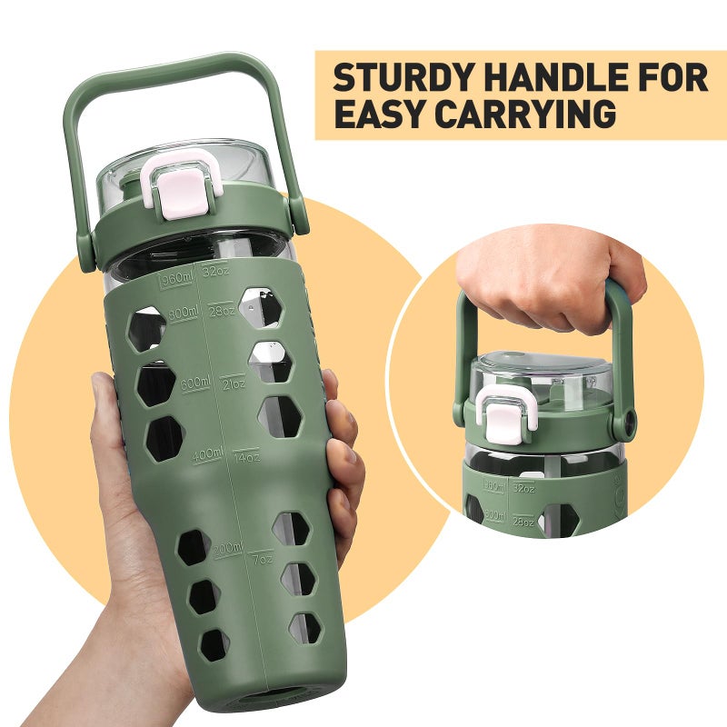 MUKOKO 32 oz Glass Tumbler with Straw,Glass Water Bottles with Time Marker,Iced Coffee Cup with Silicone Sleeve,Motivational Drinking Bottles,Leakproof-Olive - Image 5