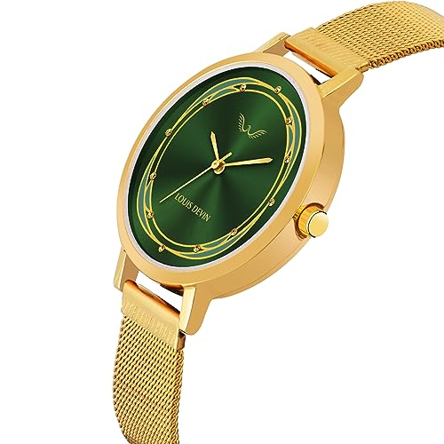LOUIS DEVIN Gold Plated Metal Mesh Chain Analog Watch for Women (Green Dial) | LD-GLD171-GRNGLD - Image 2