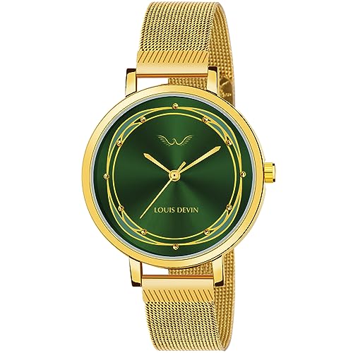 LOUIS DEVIN Gold Plated Metal Mesh Chain Analog Watch for Women (Green Dial) | LD-GLD171-GRNGLD - Image 1