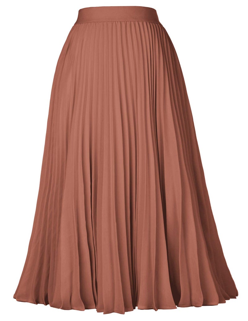 Kate Kasin Women's High Waist Elastic Pleated Midi Skirt Brown Size S KK659-5 - Image 1