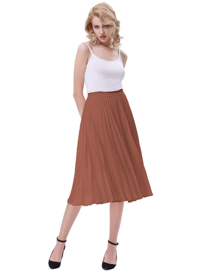 Kate Kasin Women's High Waist Elastic Pleated Midi Skirt Brown Size S KK659-5 - Image 5
