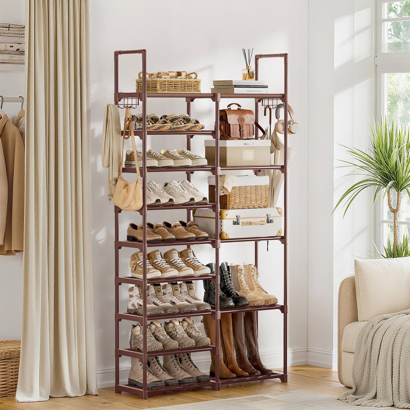 WOWLIVE 9 Tiers Large Shoe Rack Brown Shoe Rack Organizer for Closet 30-35 Pairs Stackable Heavy Duty Shoe Shelf Shoe Storage with Metal Pipes Plastic Connectors - Image 3