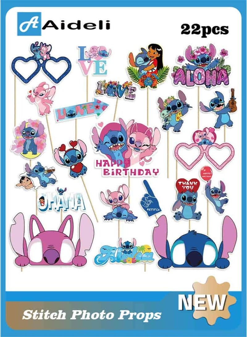 أديلي مجموعة أدوات تصوير حفلات ستيتش وآنجل 22 قطعة - لوازم حفلات ليلو وستيتش لأعياد الميلاد والاحتفالات - تتضمن عصي خشبية ونقاط لاصقة قوية - Image 1