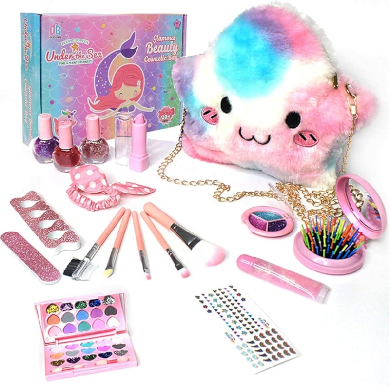 Kids Makeup Set for Girls, Washable Cosmetics Kit with Plush Bag, Nontoxic Cosmetics Kit Toys Pretend Play Makeup Beauty Toys Gift Birthday Gift