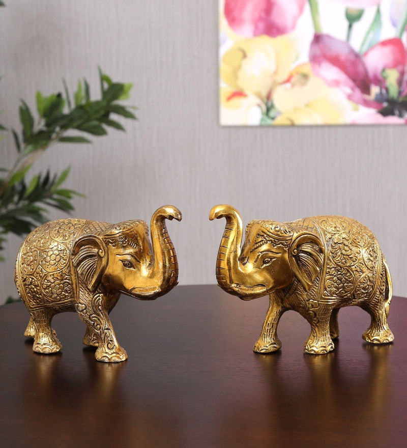 KridayKraft Metal Elephant Statue Small Size Gold Polish 2 pcs Set for Your Home,Office Table Decorative & Gift Article,Animal Showpiece Figurines... - Image 3