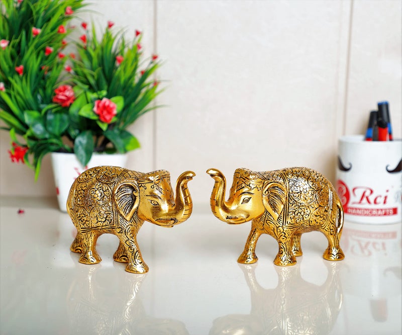 KridayKraft Metal Elephant Statue Small Size Gold Polish 2 pcs Set for Your Home,Office Table Decorative & Gift Article,Animal Showpiece Figurines... - Image 4