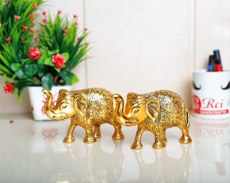 KridayKraft Metal Elephant Statue Small Size Gold Polish 2 pcs Set for Your Home,Office Table Decorative & Gift Article,Animal Showpiece Figurines... - Image 5