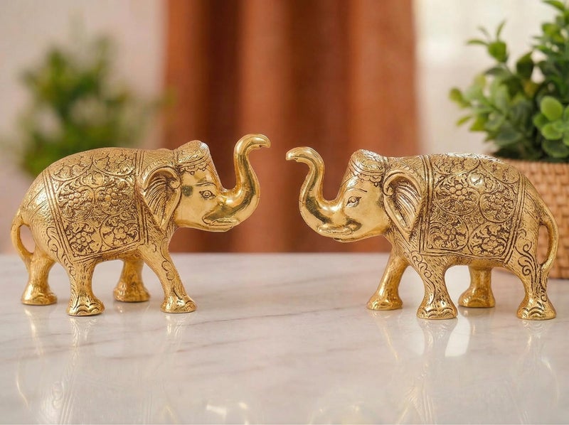 KridayKraft Metal Elephant Statue Small Size Gold Polish 2 pcs Set for Your Home,Office Table Decorative & Gift Article,Animal Showpiece Figurines... - Image 1