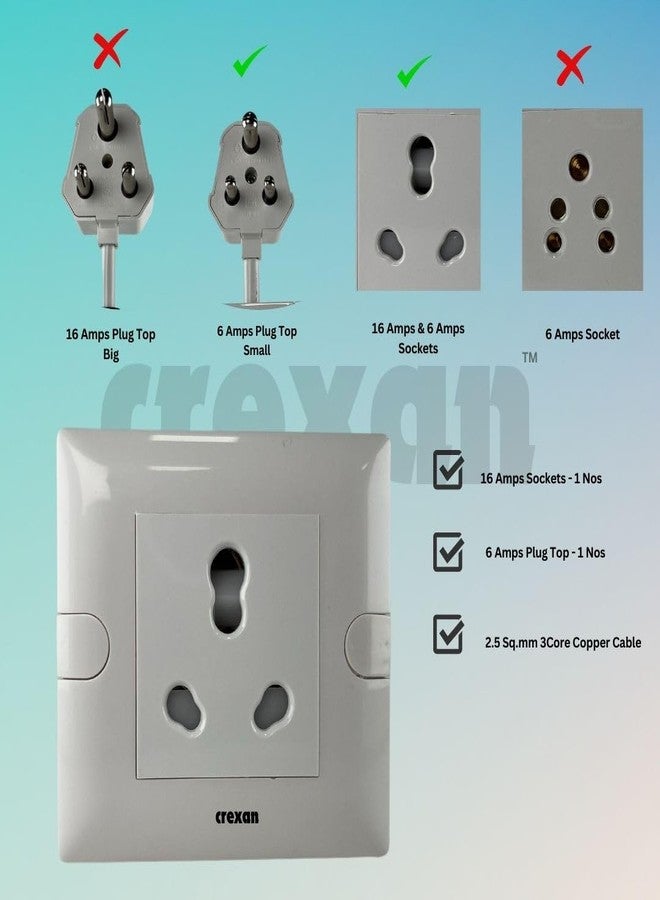 Crexan Extension Board 6A/16 Amp and 1500/2500 Wattage Flexible Extension Board with 16 Amp Socket with Safety Shutter -1 nos,2.5 Sq.mm 3 Core White Copper Wire (2500 Wattage Small Plug, 2 Meter) - Image 2