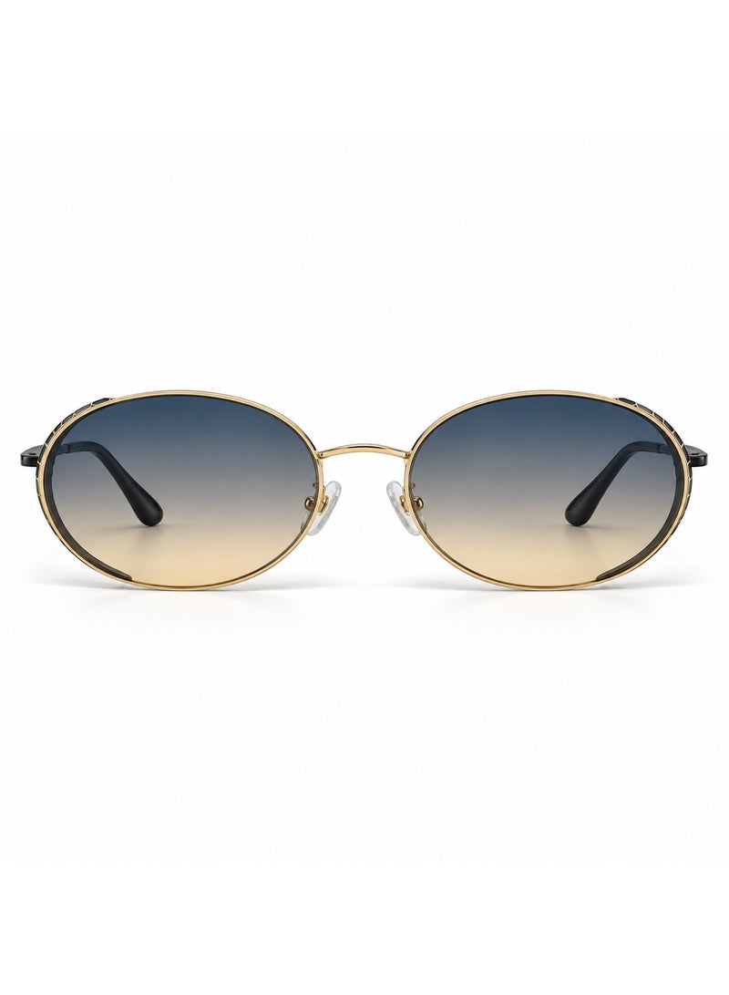 Oval Sunglasses, Gradient Blue-to-Beige Lenses, Gold-Tone Metal Frame, Black Temples - Image 3