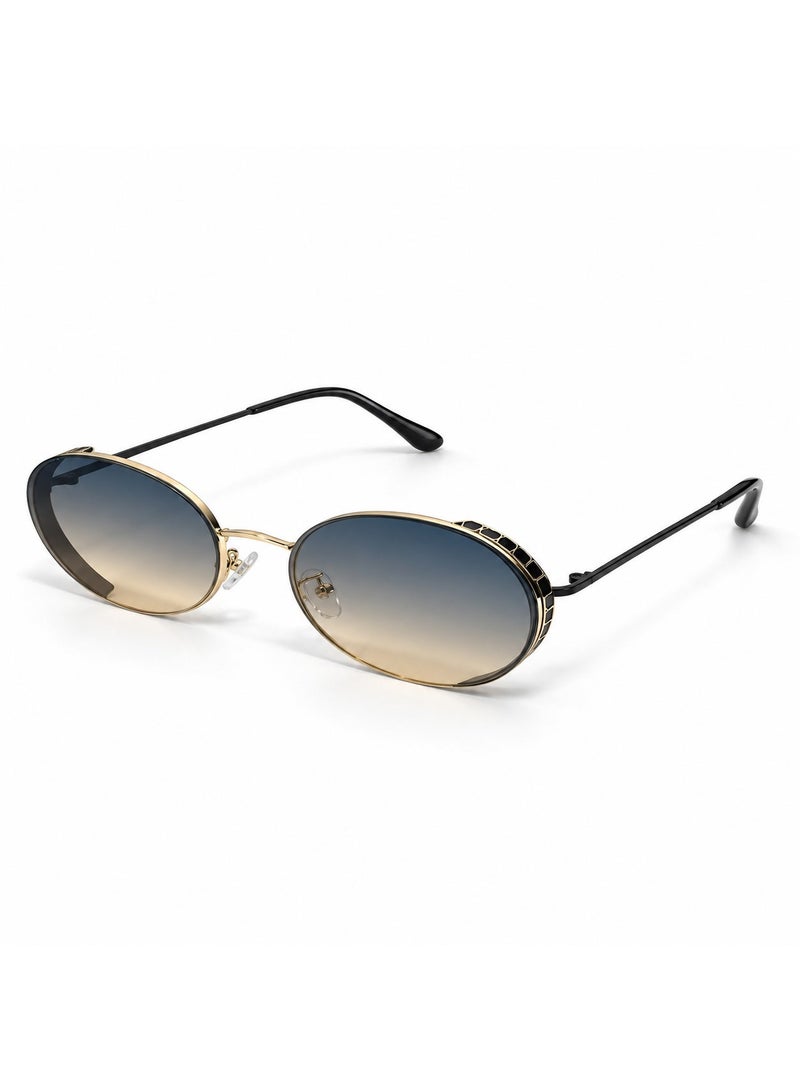 Oval Sunglasses, Gradient Blue-to-Beige Lenses, Gold-Tone Metal Frame, Black Temples - Image 1