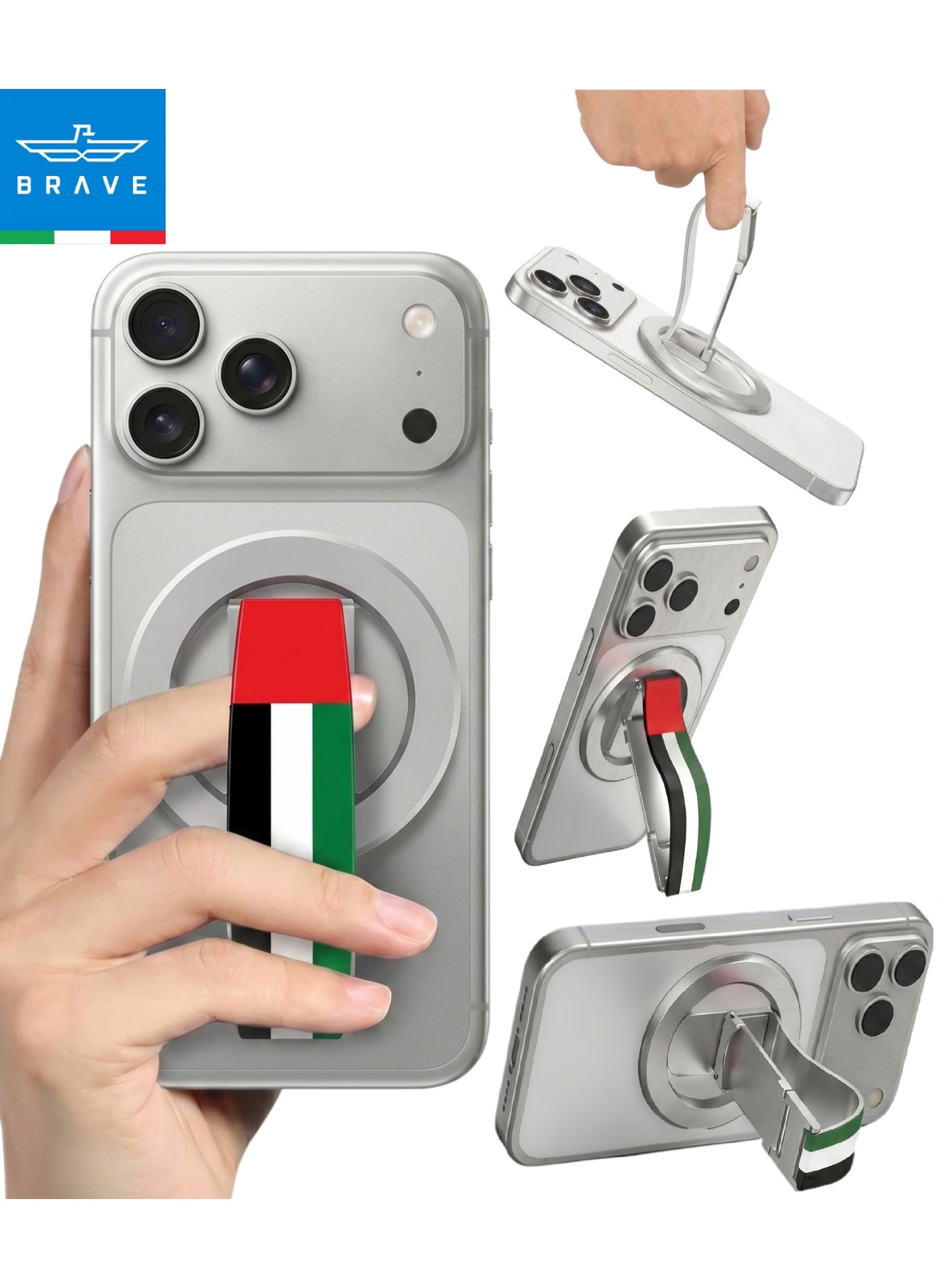 Brave UAE National Flag Limited Edition MagSafe Grip & Kickstand, Strong N55 Magnetic Ring Holder with 360° Rotating Finger Strap, Removable Magnetic Base, Universal Phone Stand for iPhone 17 Pro Max / 17 / 16 / 15 / 14 / 13 / 12, Samsung Galaxy S25 Ultra / S25 / S24 / S23 / S22, Compatible with All iOS & Android Devices - Silver