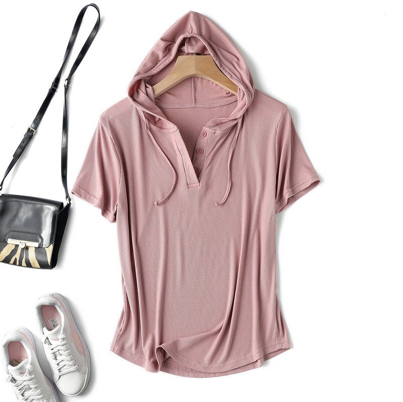 Modal thread short-sleeved hoodie T-shirt womens spring/summer plus size loose bottoming shirt slimming sun protection thin top Light gray - Image 2