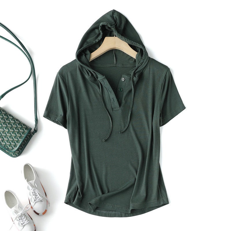 Modal thread short-sleeved hoodie T-shirt womens spring/summer plus size loose bottoming shirt slimming sun protection thin top Light gray - Image 3