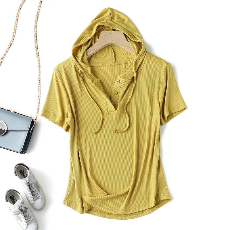 Modal thread short-sleeved hoodie T-shirt womens spring/summer plus size loose bottoming shirt slimming sun protection thin top Light gray - Image 5