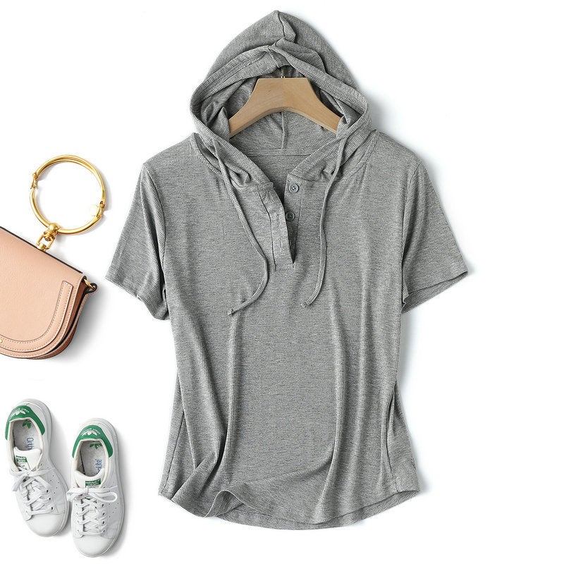 Modal thread short-sleeved hoodie T-shirt womens spring/summer plus size loose bottoming shirt slimming sun protection thin top Light gray - Image 1