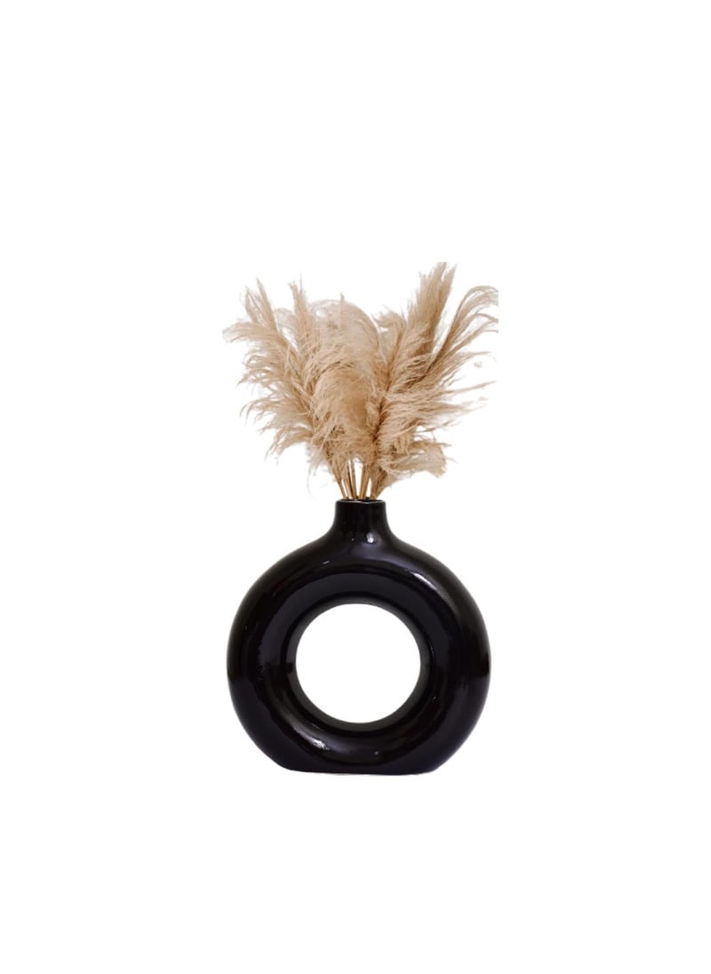 The Decor Lane - The Decor Lane Artisan Crafted Ceramic Donut Shaped Vase for Pampas Grass | for Unique Home Décor | Ceramic Donut Vase, Flower Vase Pampas Grass Vase (Black Glossy, 6 Inches) - Image 1