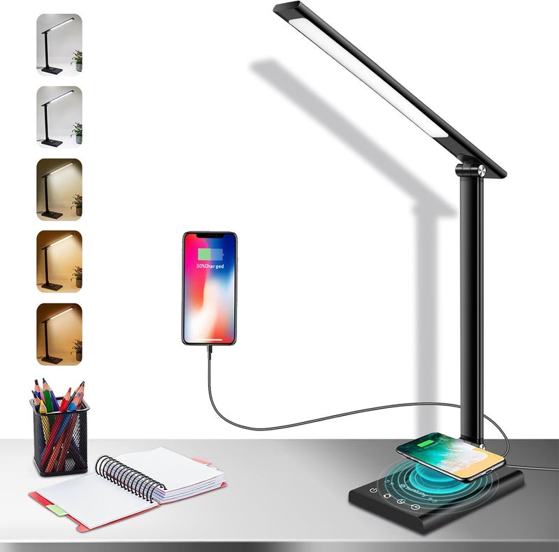 YIMI LED Desk Lamp, Table Lamp with Fast Wireless Charger & USB Charging Port, 12W Office Desk Light with 35 Adjustable Lights, Touch Control & Memory Function for Home Office, Reading, Studying (Black) - Image 1
