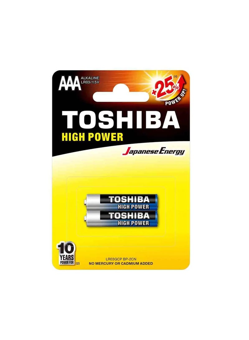 Toshiba Vibration Resistance High Power Alkaline Aaa Battery, Lr03 1.5V Pack Of 2 Pcs