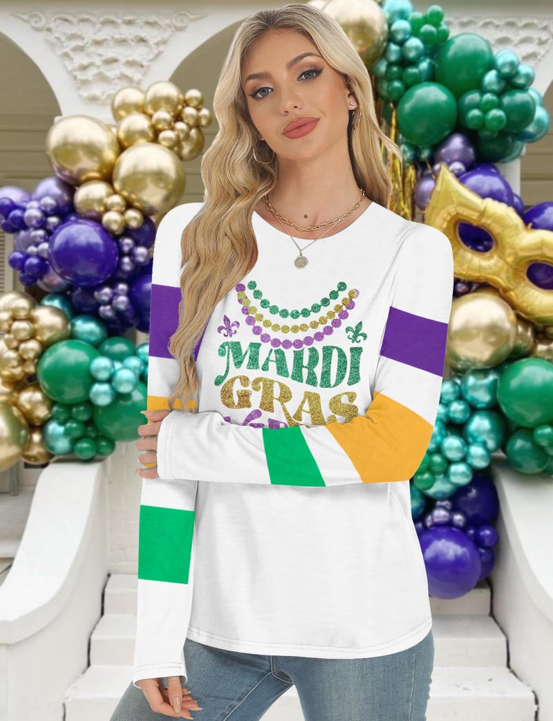 MYHALF Mardi Gras Shirts for Women: Tuesday Long Sleeve Tshirt Carnival Graphic Tees Tops Funny Holiday Parade Outfits White a - Image 4