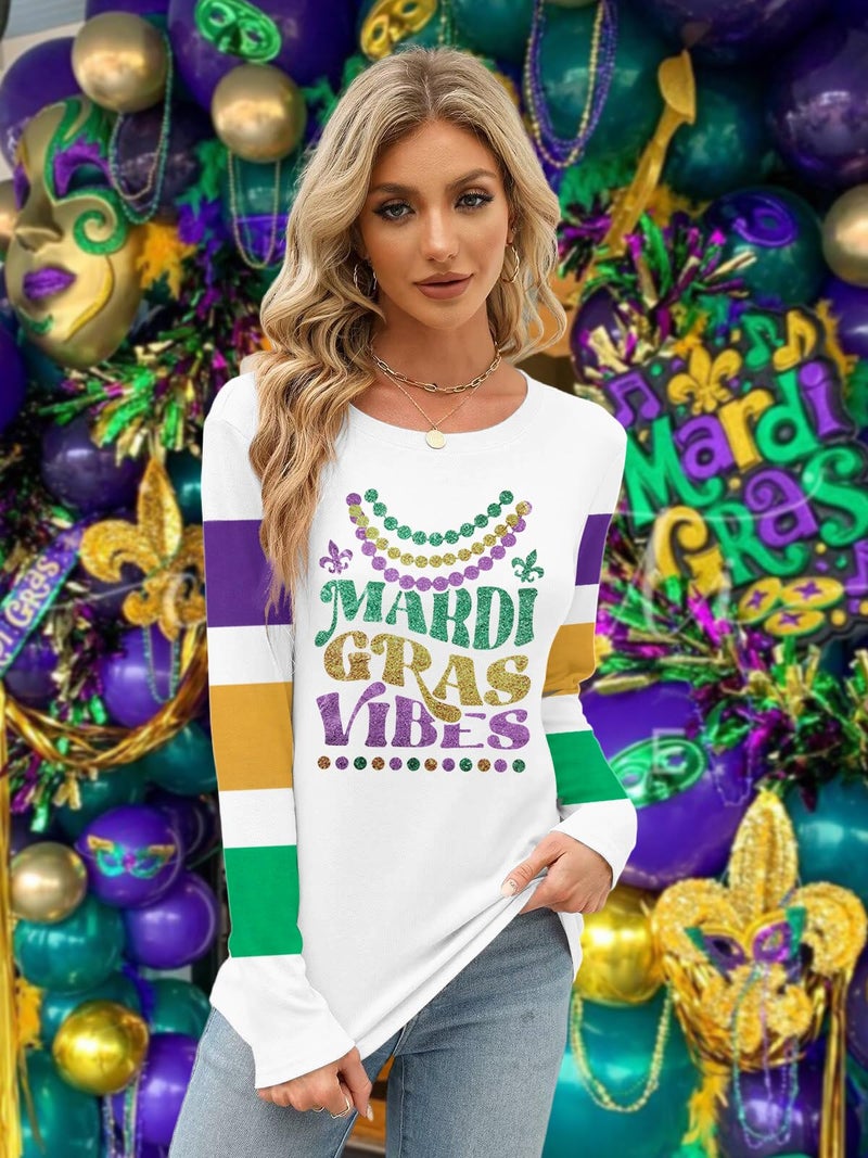 MYHALF Mardi Gras Shirts for Women: Tuesday Long Sleeve Tshirt Carnival Graphic Tees Tops Funny Holiday Parade Outfits White a - Image 3