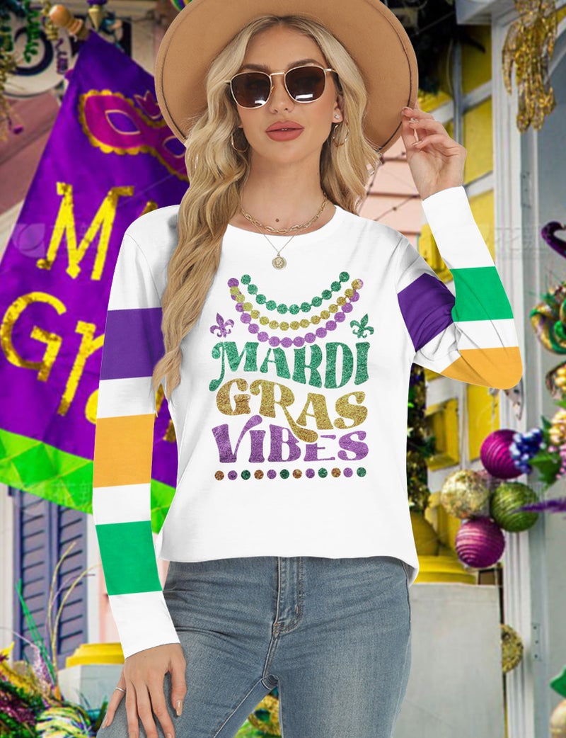 MYHALF Mardi Gras Shirts for Women: Tuesday Long Sleeve Tshirt Carnival Graphic Tees Tops Funny Holiday Parade Outfits White a - Image 5
