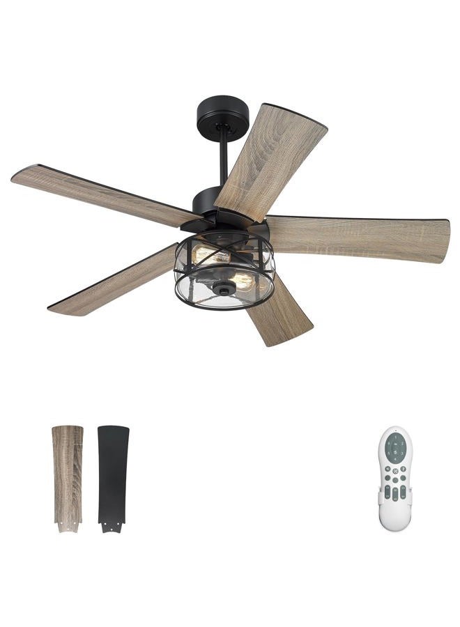 YOUKAIN مراوح سقف مزرعة، مروحة سقف صناعية 48 بوصة مع ضوء وجهاز تحكم عن بعد، زجاج شفاف، 5 شفرات قابلة للعكس بتشطيب أسود غير لامع/خشبي، 52-YJ632 - Image 1