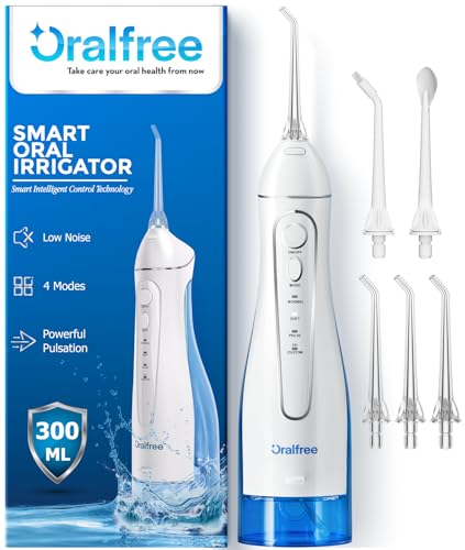 Oralfree Water Dental Flosser Cordless for Teeth Cleaning 4 Modes Oral Irrigator 300ML Braces Flossers Cleaner Rechargeable Portable IPX7 Waterproof Powerful Battery for Travel Home