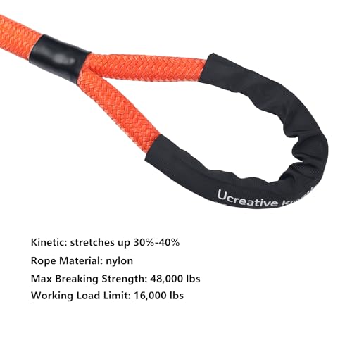 Ucreative 1" x 30' Kinetic Recovery & Tow Rope Kit Max 48,000 lbs Breaking Strength with 2PCS Synthetic Soft Shackles for Off-Road Vehicle 4WD Pick Up Truck SUV (Orange) - Image 5