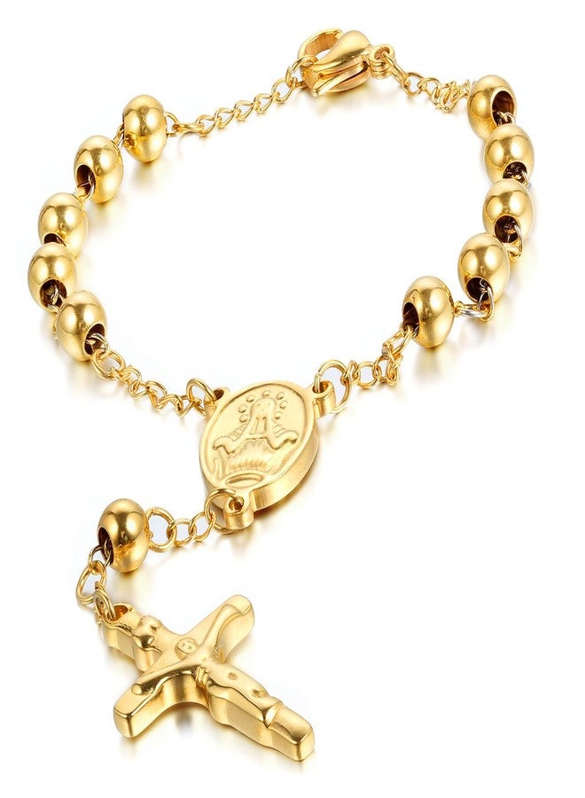 Cupimatch Religious Stainless Steel Beaded Rosary Cross Charm Bracelet for Men Women 8.6", Gold (Gold) for Mothers Day - Image 2