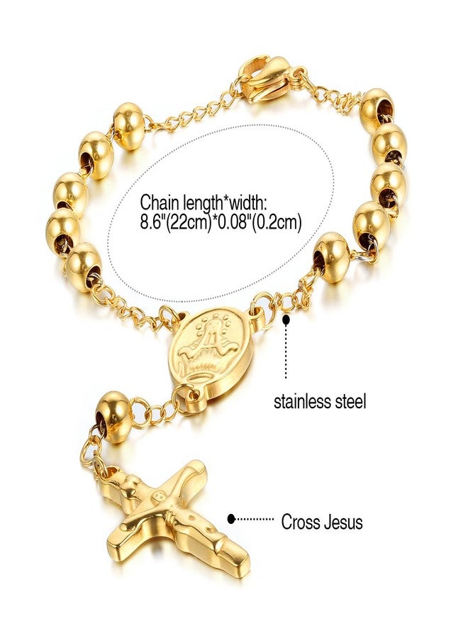 Cupimatch Religious Stainless Steel Beaded Rosary Cross Charm Bracelet for Men Women 8.6", Gold (Gold) for Mothers Day - Image 3