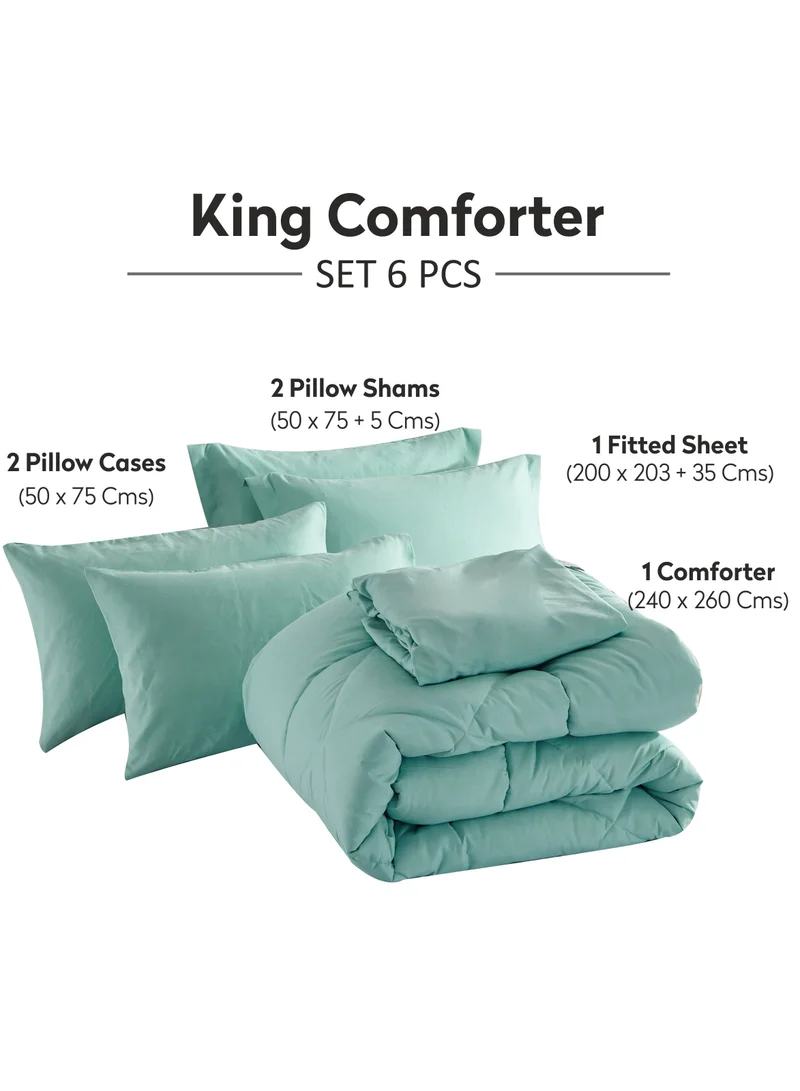 Donetella 6-Piece Comforter Set with Bed linen for King Size -240x260cm -Green , Soft Brushed Microfiber Facbric.
