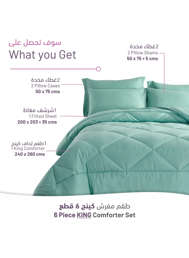 Donetella 6-Piece Comforter Set with Bed linen for King Size -240x260cm -Green , Soft Brushed Microfiber Facbric.