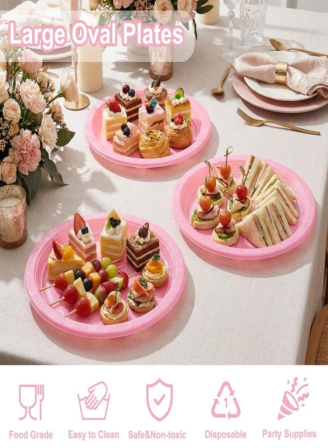 WELLIFE 100pcs Pink 12 Inch Oval Plastic Plates, Disposable Sturdy Oval Serving Platters, Large Plastic Oval Dinner Plates for Baby Shower, Wedding, Bridal Shower, Birthday Party, Girl Party & Picnic - Image 3