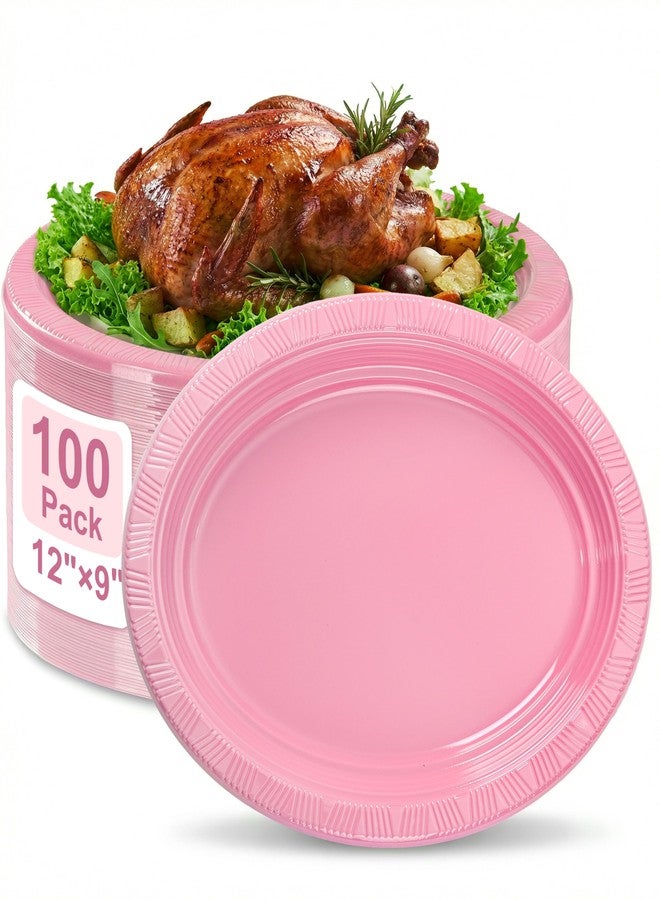 WELLIFE 100pcs Pink 12 Inch Oval Plastic Plates, Disposable Sturdy Oval Serving Platters, Large Plastic Oval Dinner Plates for Baby Shower, Wedding, Bridal Shower, Birthday Party, Girl Party & Picnic - Image 1