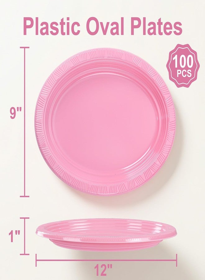WELLIFE 100pcs Pink 12 Inch Oval Plastic Plates, Disposable Sturdy Oval Serving Platters, Large Plastic Oval Dinner Plates for Baby Shower, Wedding, Bridal Shower, Birthday Party, Girl Party & Picnic - Image 2