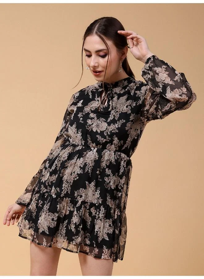 Freehand  Women Fit and Flared Party Wear Floral Print Mandarin Collar Tiered Dress for Women | Best Price UAE