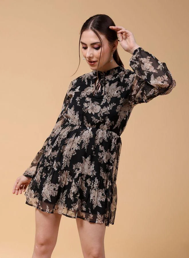 Freehand  Women Fit and Flared Party Wear Floral Print Mandarin Collar Tiered Dress for Women | Best Price UAE