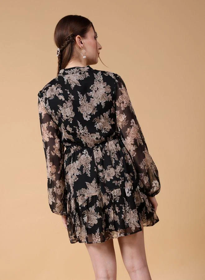 Freehand Women Fit and Flared Party Wear Floral Print Mandarin Collar Tiered Dress