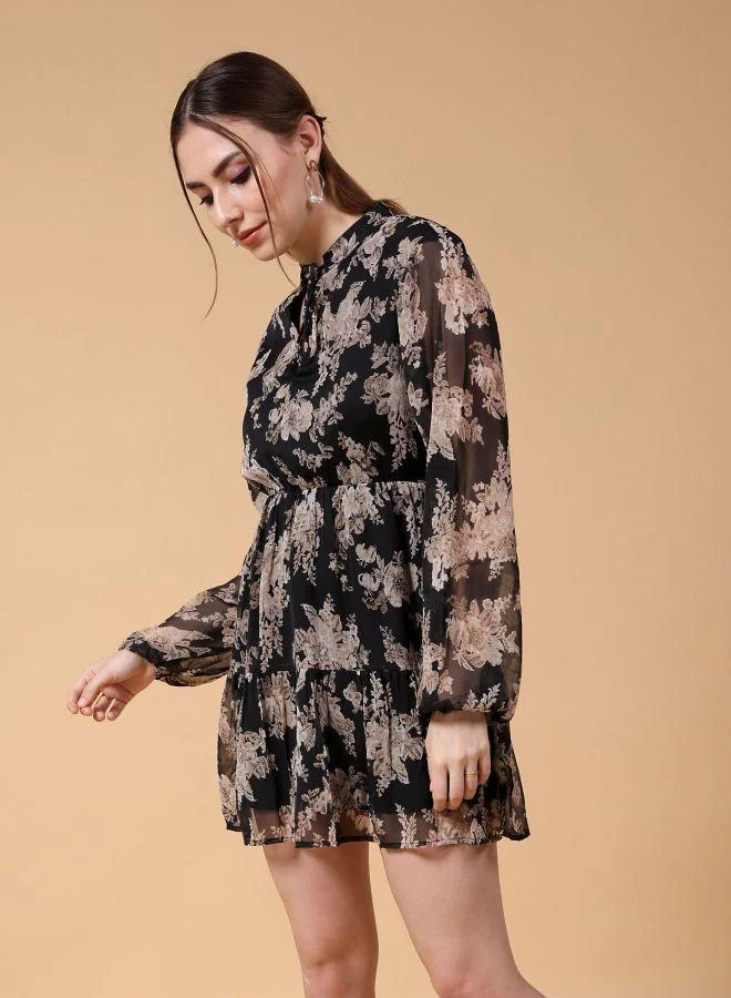 Freehand  Women Fit and Flared Party Wear Floral Print Mandarin Collar Tiered Dress for Women | Best Price UAE