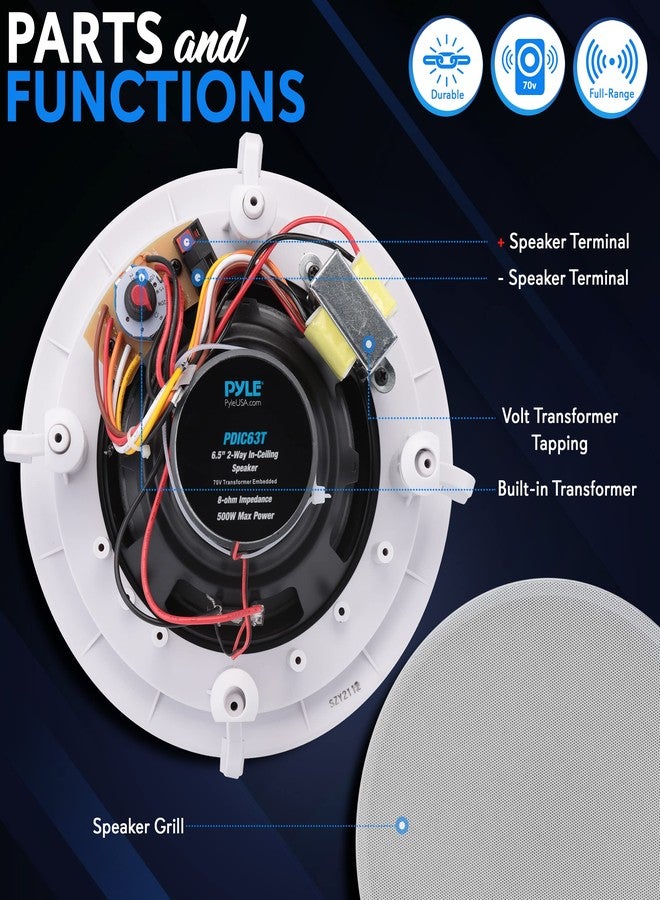 Pyle Ceiling and Wall Mount Speaker - 6.52-Way 70V Audio Stereo Sound Subwoofer Sound with Dome Tweeter, 500 Watts, in-Wall & in-Ceiling Flush Design for Home Surround System - Pyle PDIC63T (White) - Image 2