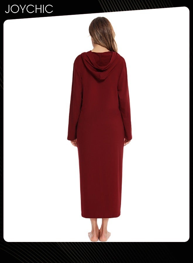Joychic كارديجان بسحاب بنمط سادة للنساء، مناسب لفصلي الربيع والخريف والشتاء، بيجاما منزلية مريحة مع فستان نوم للسيدات مزود بجيوب وقبعة باللون الأحمر النبيذي - Image 4