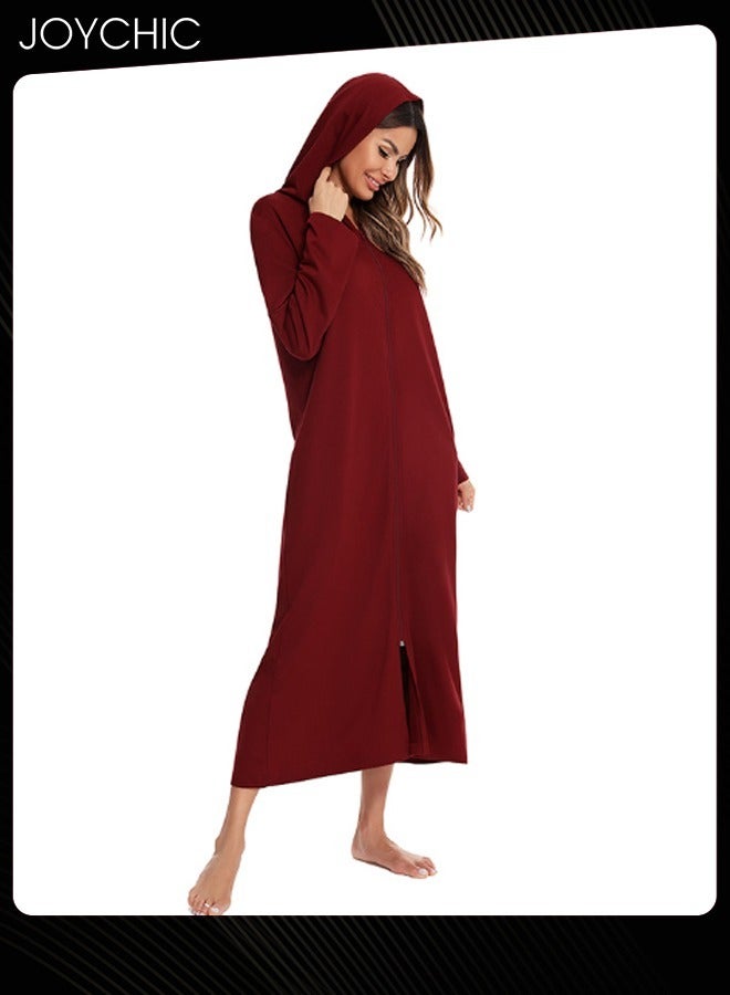 Joychic كارديجان بسحاب بنمط سادة للنساء، مناسب لفصلي الربيع والخريف والشتاء، بيجاما منزلية مريحة مع فستان نوم للسيدات مزود بجيوب وقبعة باللون الأحمر النبيذي - Image 3
