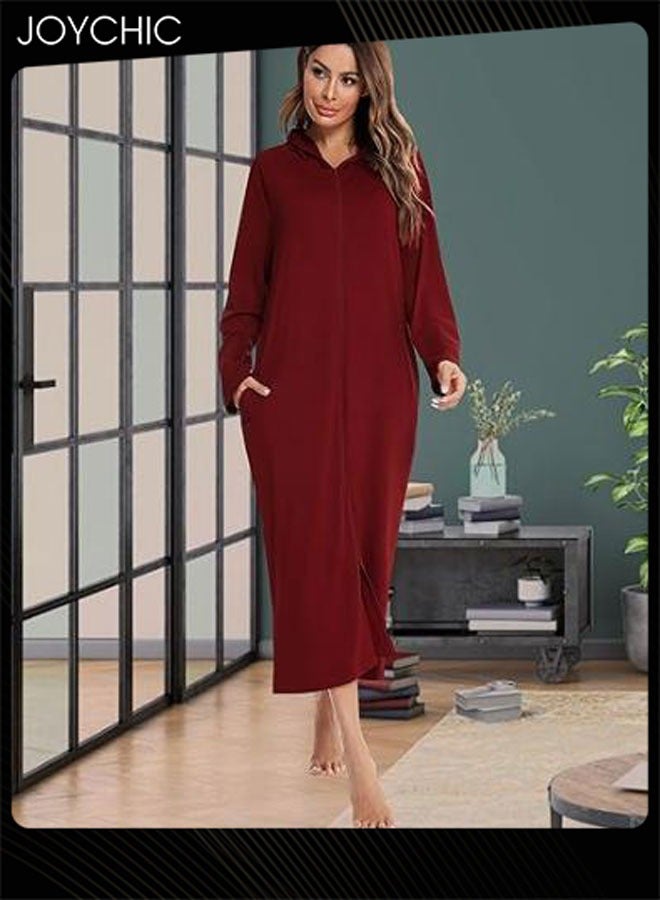 Joychic كارديجان بسحاب بنمط سادة للنساء، مناسب لفصلي الربيع والخريف والشتاء، بيجاما منزلية مريحة مع فستان نوم للسيدات مزود بجيوب وقبعة باللون الأحمر النبيذي - Image 2