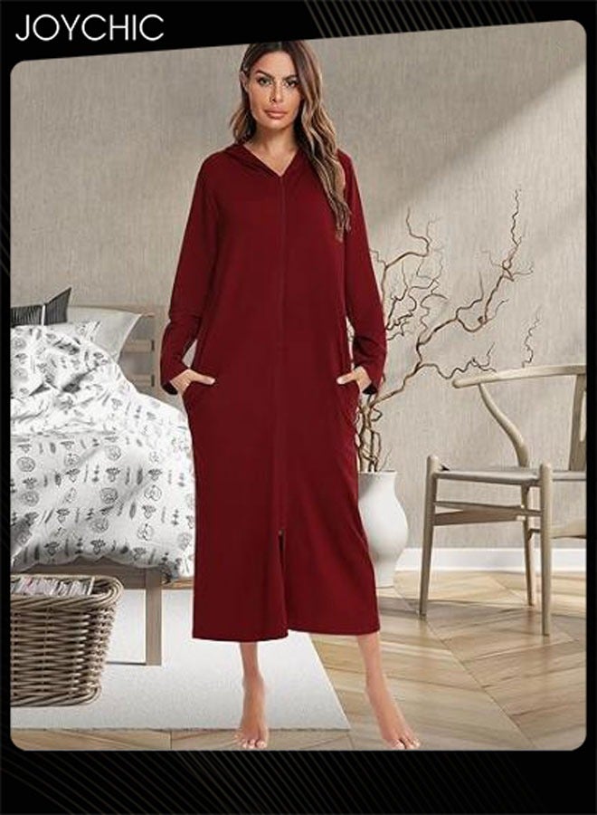 Joychic كارديجان بسحاب بنمط سادة للنساء، مناسب لفصلي الربيع والخريف والشتاء، بيجاما منزلية مريحة مع فستان نوم للسيدات مزود بجيوب وقبعة باللون الأحمر النبيذي - Image 1