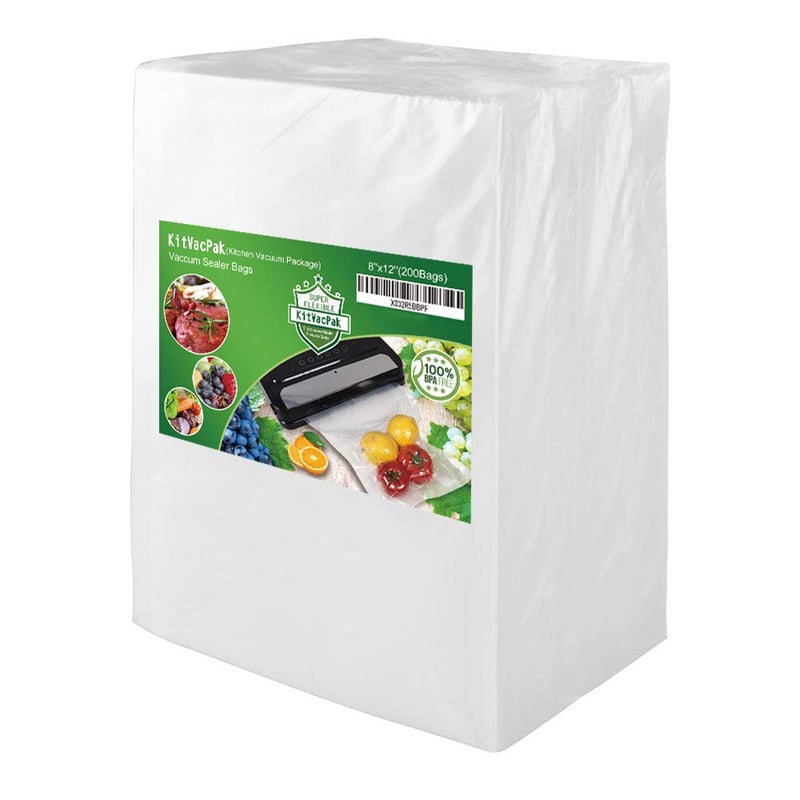 KitVacPak KitVacPak 200 Quart 8X12 Vacuum Food Sealer Bags with BPA Free and Heavy DutyCommercial Grade Vacuum Sealer Freezer Bags Compatible with Any Type Vacuum Sealer Machine